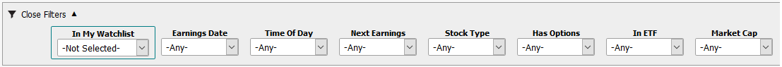 Filters available in the Forward Looking Earnings Dates Report