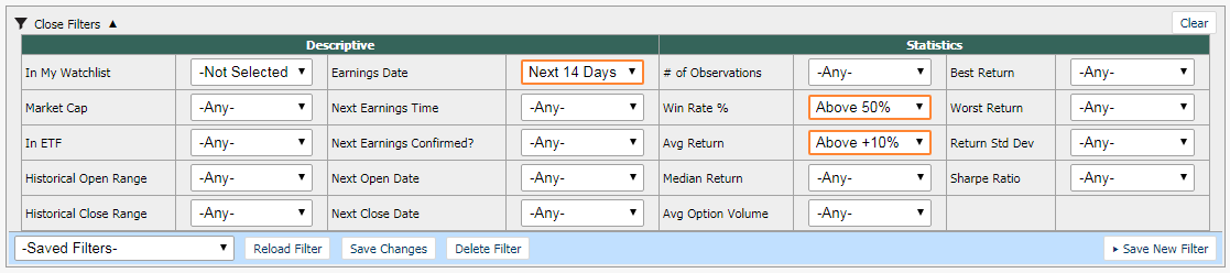 A screenshot of the filters available in the Earnings Option Strategy Screener