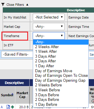 A screenshot of the timeframe selections for the Earnings Stock Pattern Screener